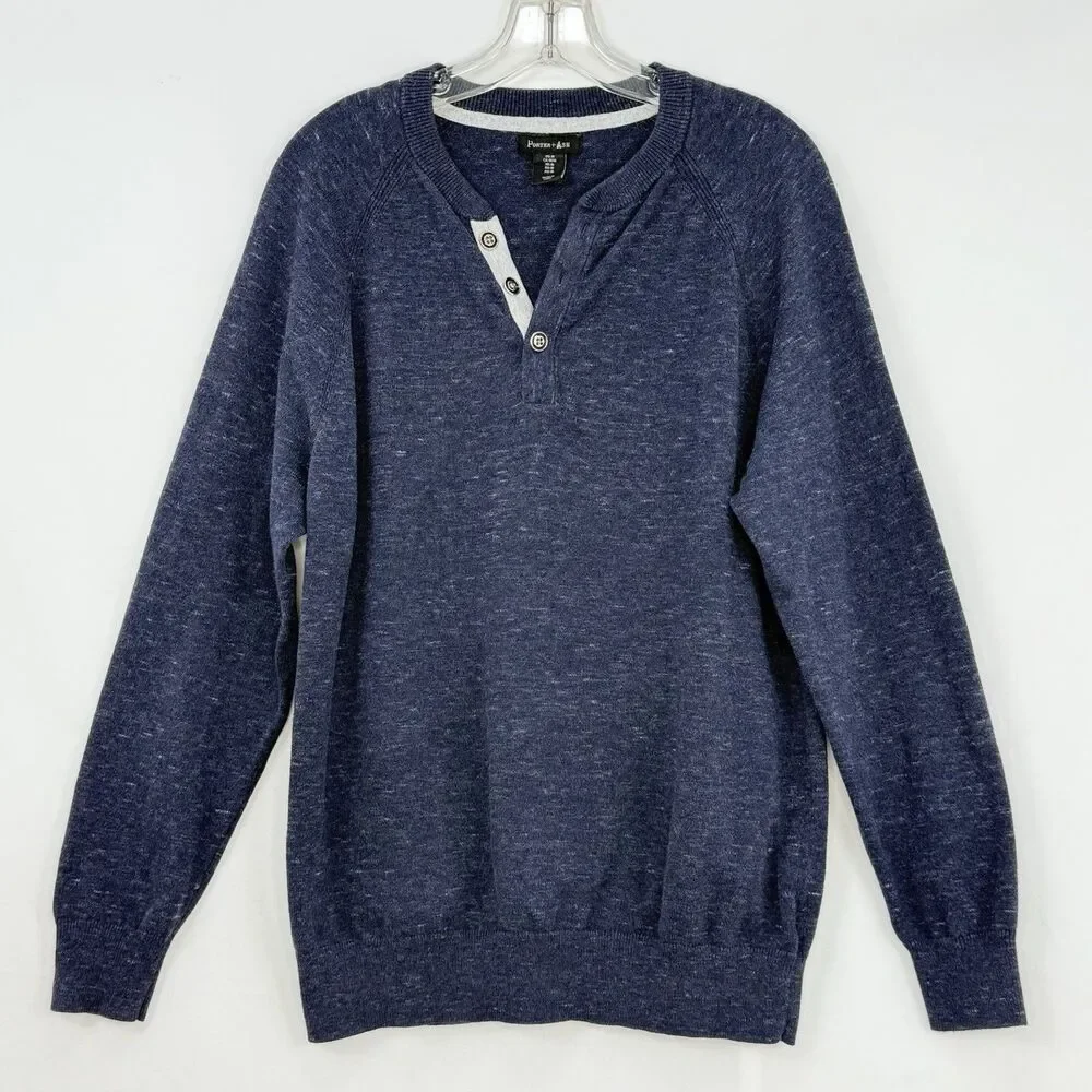 Porter & Ash Henley Sweater Mens Size M Blue Long Sleeve Casual Preppy